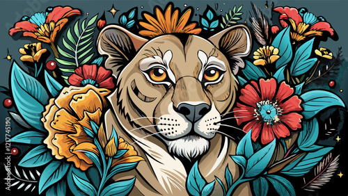 a fineline lioness surrounded by flowers and butterflies drawn as a fineline illustration with minimal black and grey shading please 