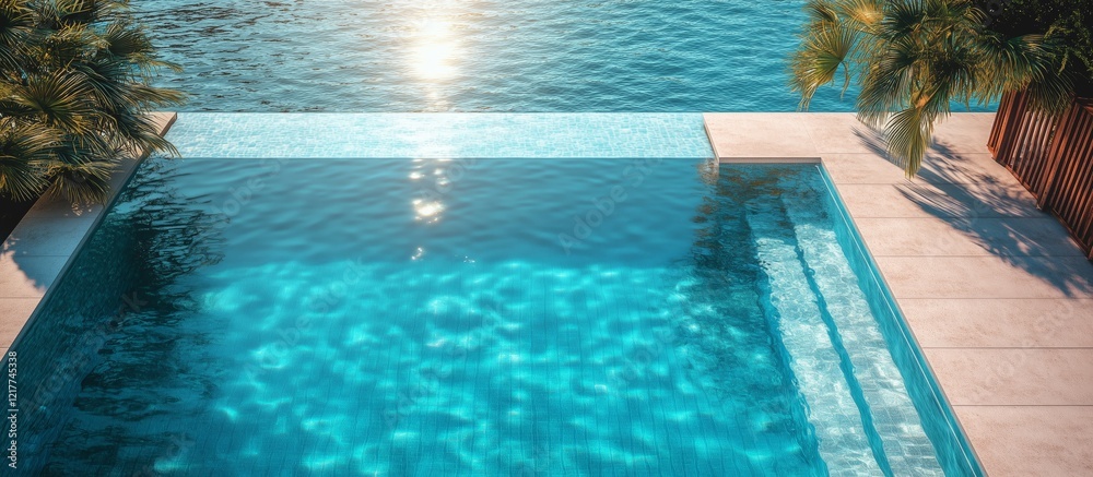 Fototapeta premium Bright and serene luxury swimming pool with infinity edge, offering a relaxing waterfront view surrounded by palm trees and sunlight reflections.