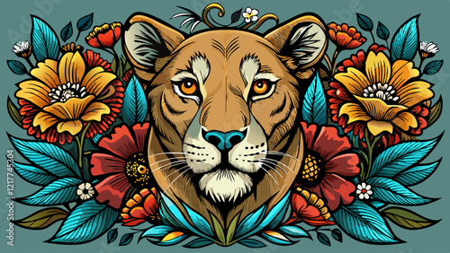 a fineline lioness surrounded by flowers and butterflies drawn as a fineline illustration with minimal black and grey shading please 