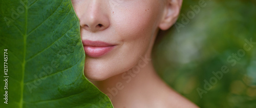 Close up portrait of a woman behind a large green tropical leaf 