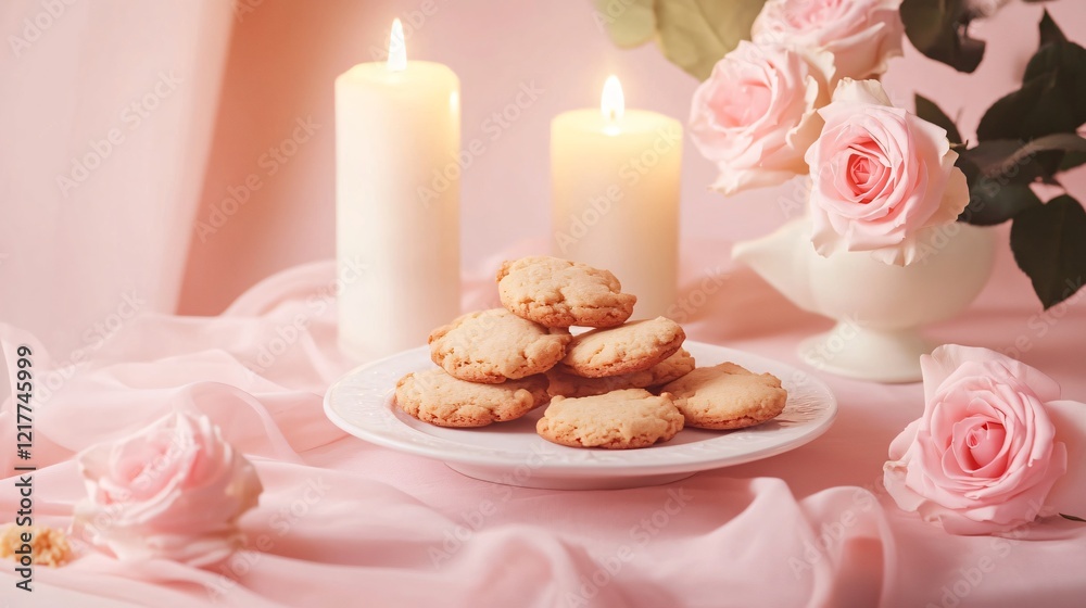 Cookies displayed on a romantic table setting with candles and roses, isolated on a pastel background Cookies displayed on a romantic table setting with candles and roses, isolated on a pastel background