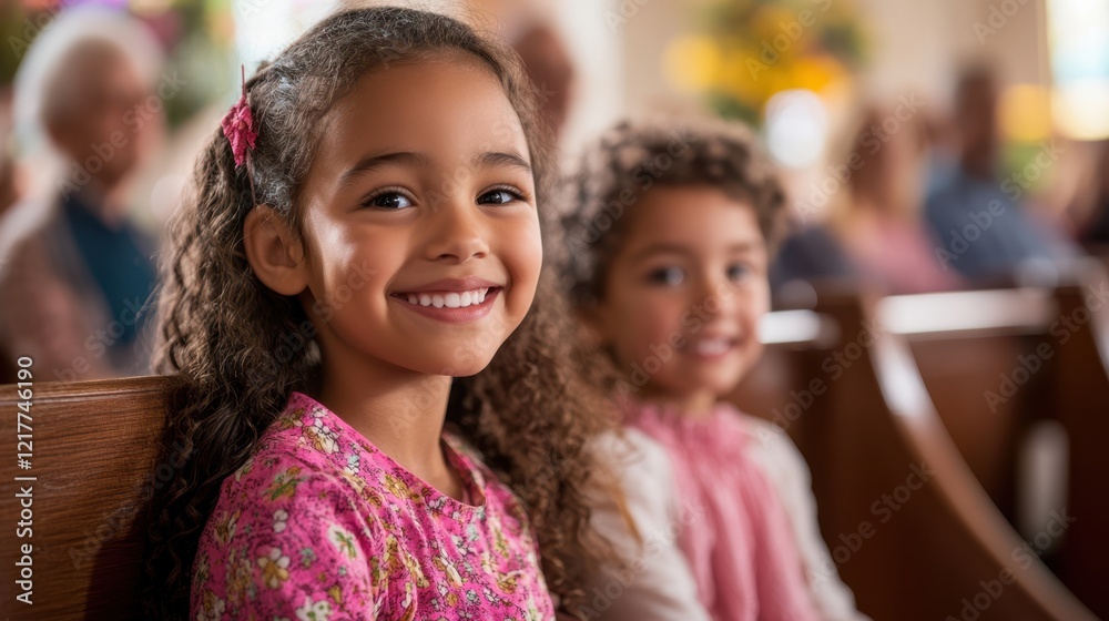 Fototapeta premium Two young girls sit together in a church, enjoying the peaceful atmosphere of Easter celebrations.