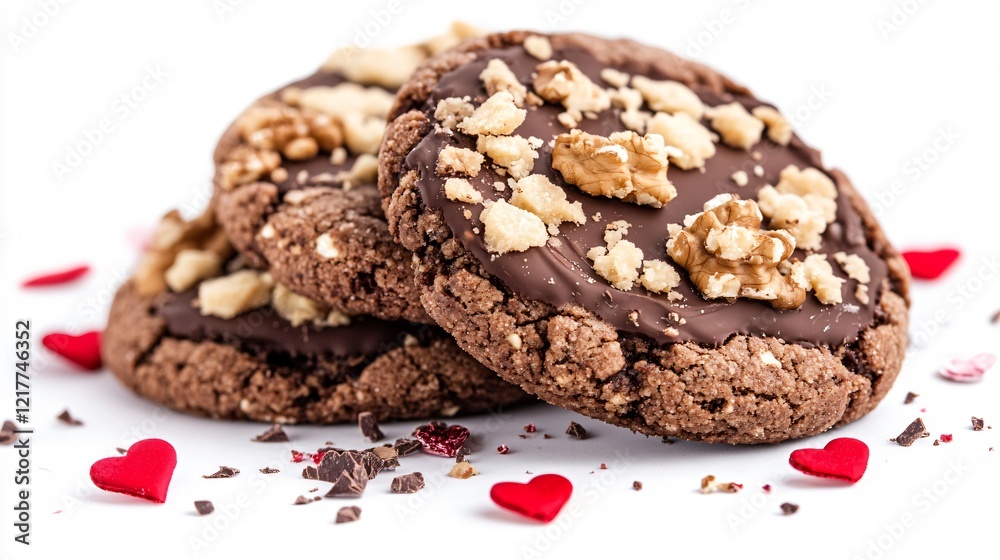 Cookies with alternating layers of chocolate and walnut crumbles, styled with Valentine's-themed decorations, isolated on white Cookies with alternating layers of chocolate and walnut crumbles, styled with Valentine's-themed decorations, isolated on white