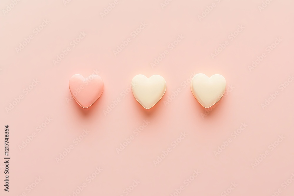 Fototapeta premium Soft pink gradient background fading to pale cream with small hearts, clean central area for text or product placement, minimal and elegant design