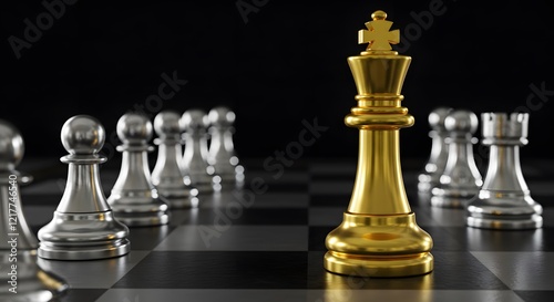Golden Chess King Standing Among Chess Pieces: Leadership, Courage, and Business Strategy Concept