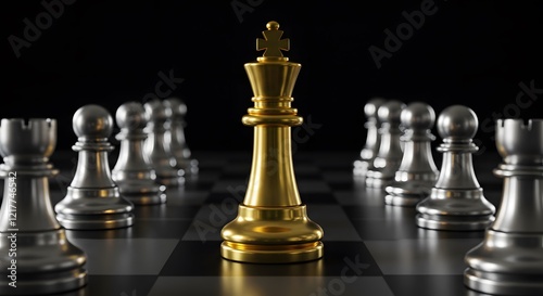 Golden Chess King Standing Among Chess Pieces: Leadership, Courage, and Business Strategy Concept