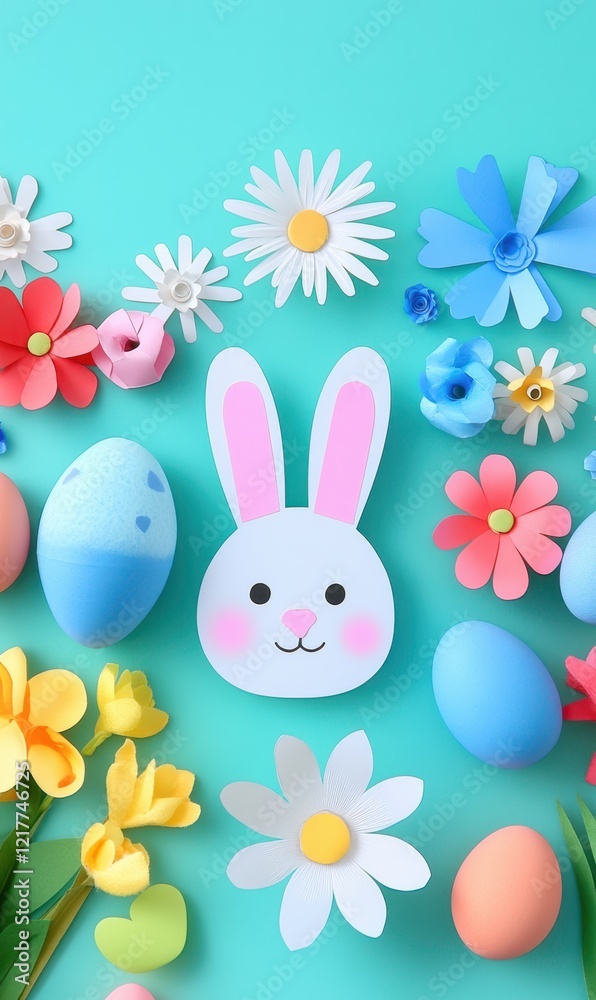 Obraz premium Colorful paper flowers and a bunny decorate a blue surface, capturing the festive spirit of Easter celebrations.