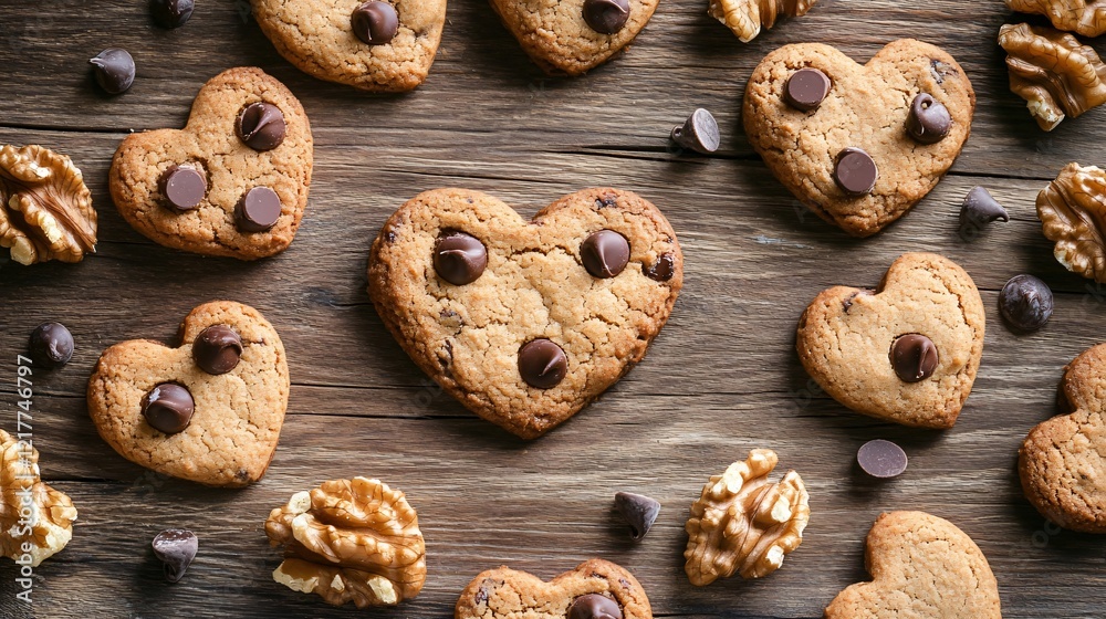 Heart-shaped vegan cookies arranged in a circle with walnuts and chocolate chips, isolated on wood Heart-shaped vegan cookies arranged in a circle with walnuts and chocolate chips, isolated on wood