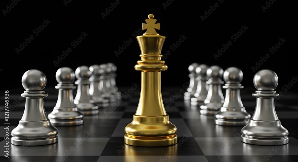 Golden Chess King Standing Among Chess Pieces: Leadership, Courage, and Business Strategy Concept Golden Chess King Standing Among Chess Pieces: Leadership, Courage, and Business Strategy Concept