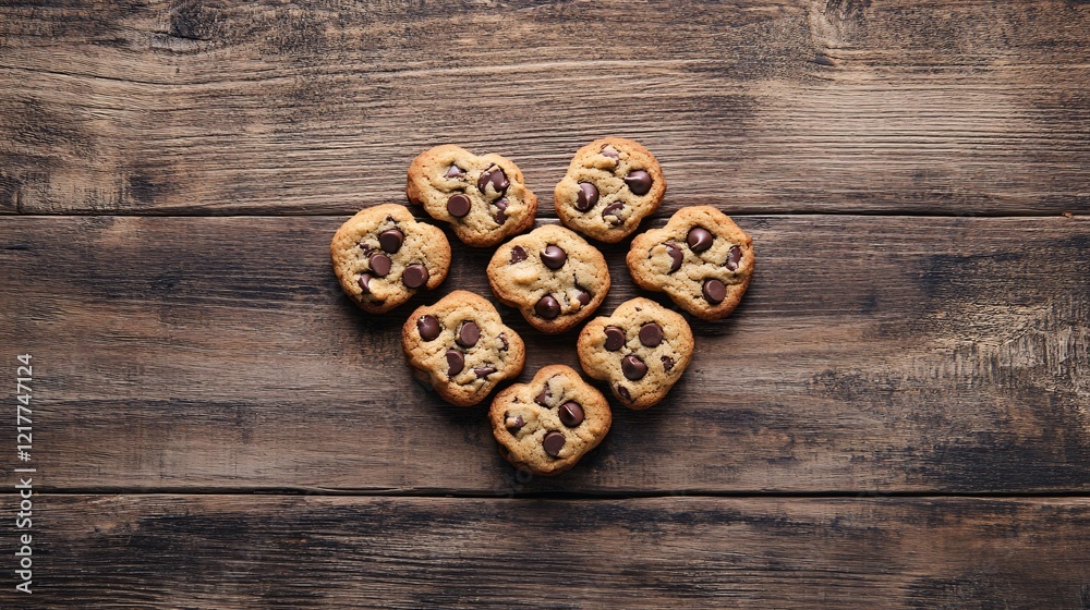 Vegan chocolate chip walnut cookies arranged in the shape of a heart, isolated on a wooden-textured background Vegan chocolate chip walnut cookies arranged in the shape of a heart, isolated on a wooden-textured background