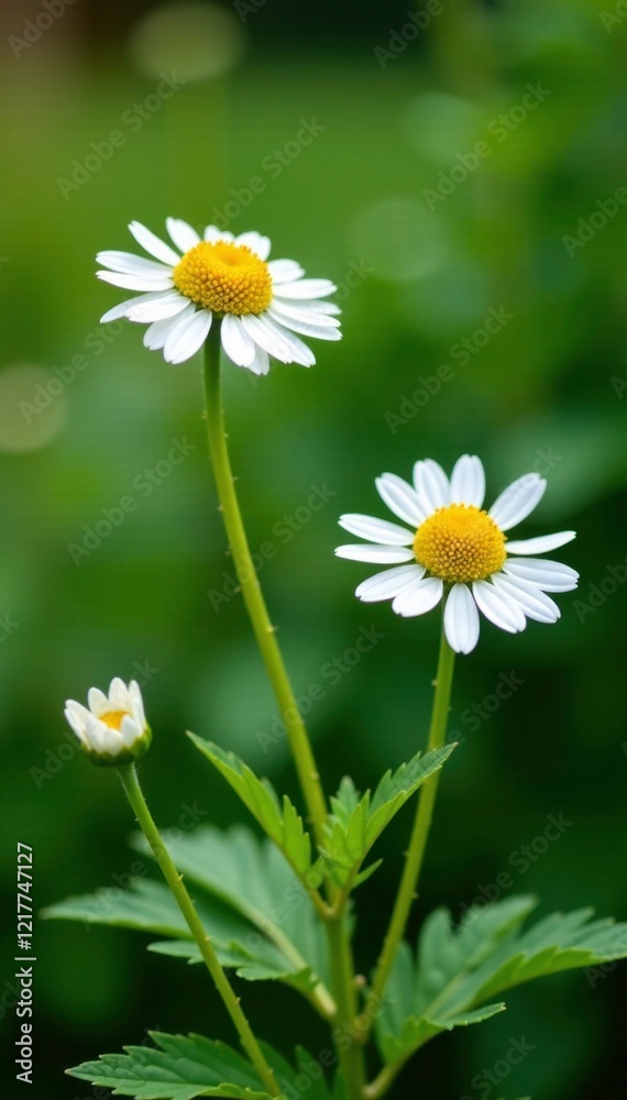 Fresh organic Chamomile tree with white blooms and green foliage, leaf, garden, flower