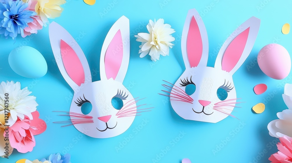Two colorful paper bunny masks rest on a blue surface adorned with vibrant flowers, capturing the festive spirit of Easter celebrations. Two colorful paper bunny masks rest on a blue surface adorned with vibrant flowers, capturing the festive spirit of Easter celebrations.