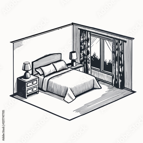 Modern Bedroom Interior Design in Line Art Style