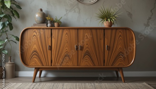 wooden credenza with a retro design and curved edges photo