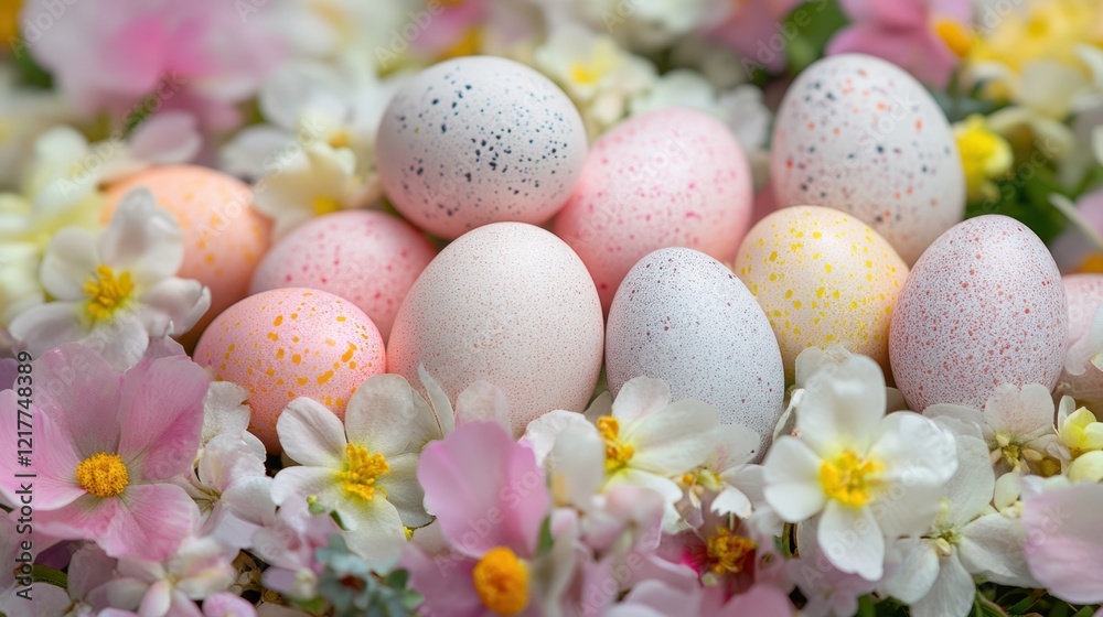 A vibrant arrangement of colorful eggs nestled among a variety of blooming flowers, celebrating the joy of Easter.