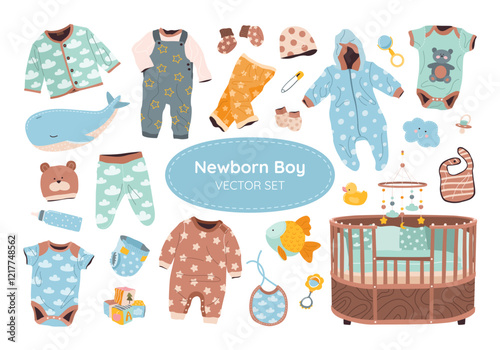 Newborn baby items set. Hand drawn isolated elements for baby boy. Infant essentials: clothes, toys, newborn outfit, bib, swaddle clip, bottles, diaper, crib, rattle. Vector objects for little boys.
