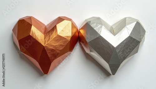 Copper, Silver, Gold Heart-Shaped Wooden Ornaments on White Background photo