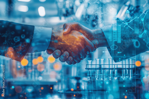 double exposure of handshake between two business professionals, symbolizing partnership and collaboration modern, high tech environment. background features laboratory equipment and digital data