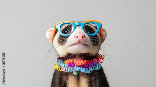 Adorable ferret wearing colorful novelty glasses and a playful necklace captures attention in bright setting