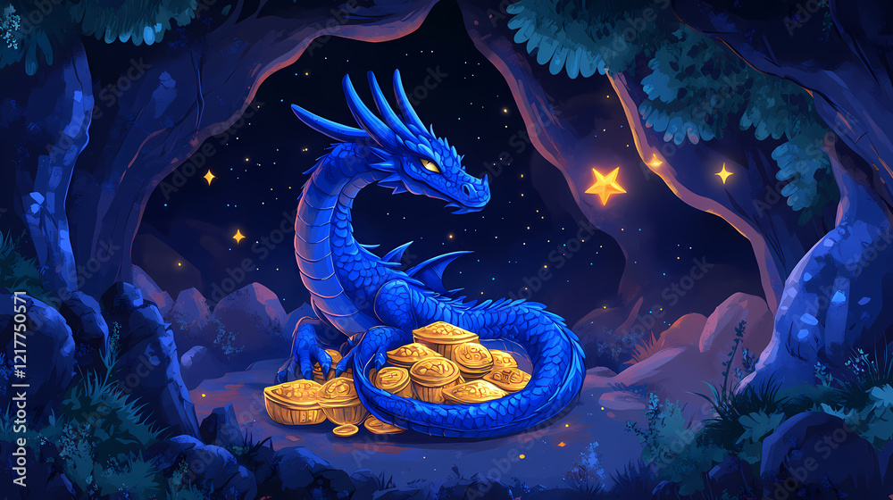 Majestic blue dragon coiled around golden treasure in a dark cavern at night. Starry Cavern. Illustration