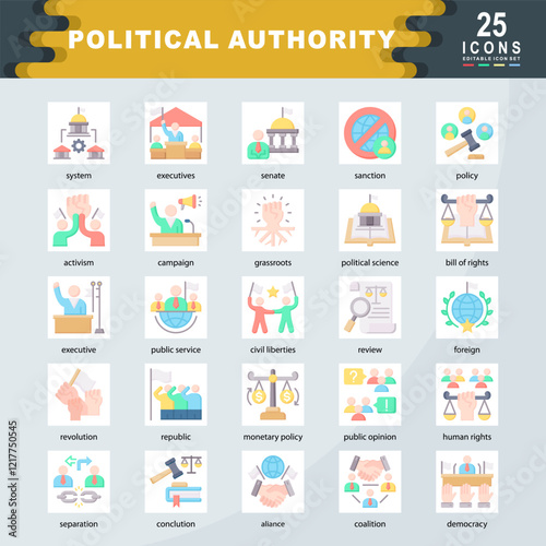 Political Authority icon set containing system, executives, senate, sanction, policy, activism, campaign, political science, civil liberties, monetary policy icon. Simple flat vector