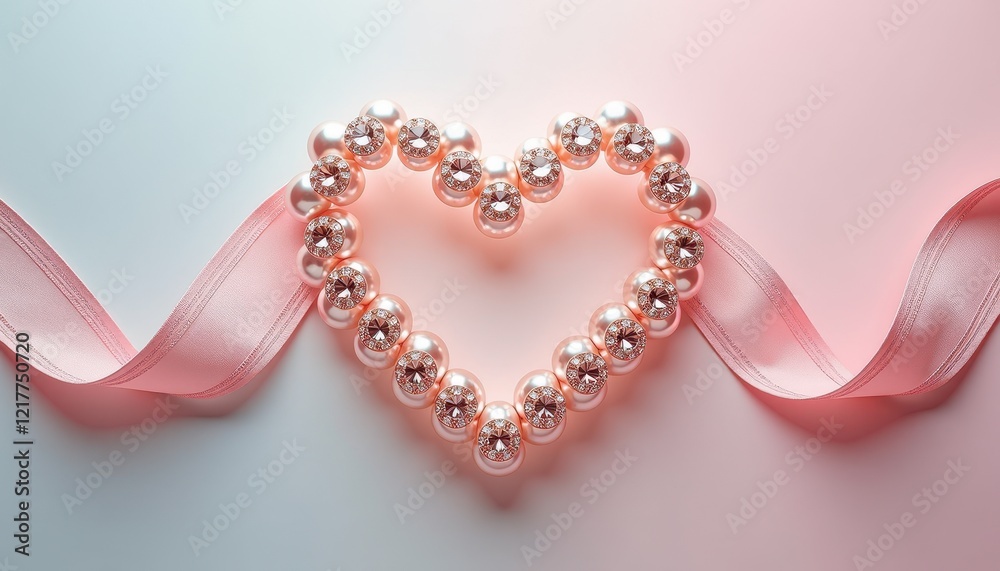 Obraz premium Luxurious Heart-Shaped Pink Pearl and Diamond Arranment on Soft Pink Ribbon Background