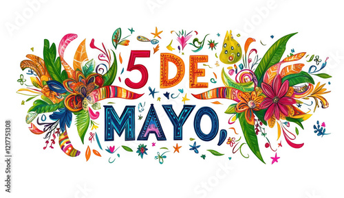 Cinco de Mayo hoilday lettering on festive ribbon, isolated on transparent white background. 5 de Mayo or the fifth of May. Celebration Mexican victory at 1862 May, 5th and history heiretage