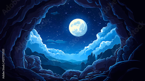Mystical moonlit cavern landscape with rocky cliffs and starry sky. Starry Cavern. Illustration photo