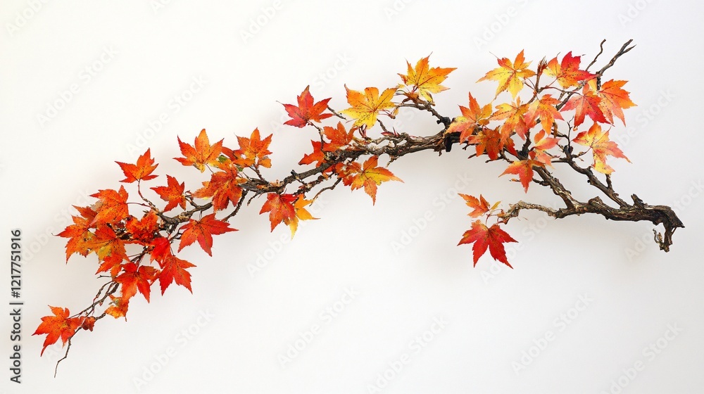 Vibrant autumn leaves branch featuring red and orange hues against a clean white background. Vibrant autumn leaves branch featuring red and orange hues against a clean white background.