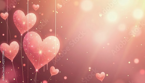 Romantic Valentine's Day Scene with Heart-Shaped Balloons in Soft Pink and Red Bokeh Background