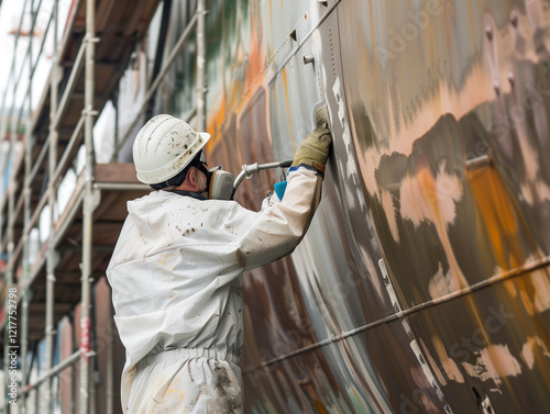 Industrial Maintenance Worker Applying Anti-Corrosion Coating on Ship Hull in Dry Dock