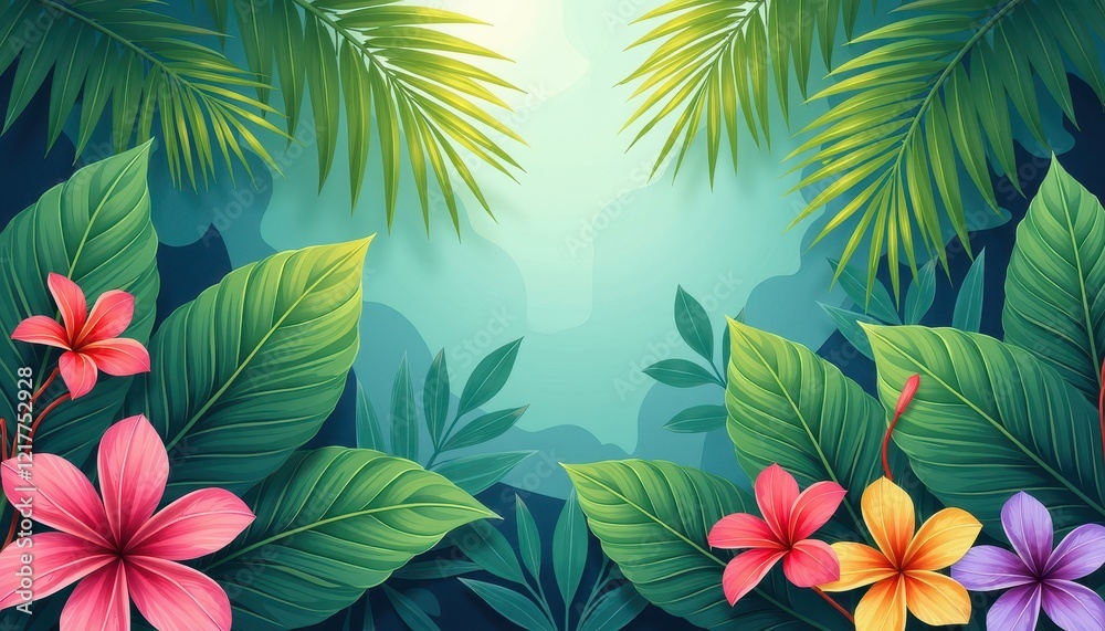 Naklejka premium Vibrant Tropical Jungle Scene with Blue and Green Background, Colorful Flowers
