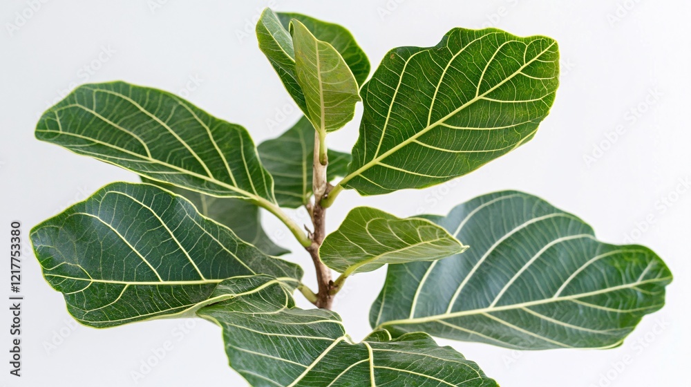 Close-up of vibrant green fiddle leaf fig leaves against a clean white background.