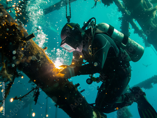 Underwater Welder Repairing Corroded Steel Structure in Deep Ocean Environment photo