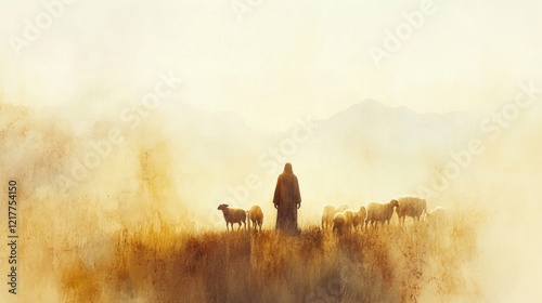 A serene image of Jesus leading a grateful lamb toward the safety of its flock.