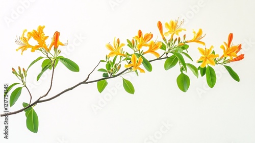 A vibrant branch of orange and yellow honeysuckle flowers against a soft white background.
