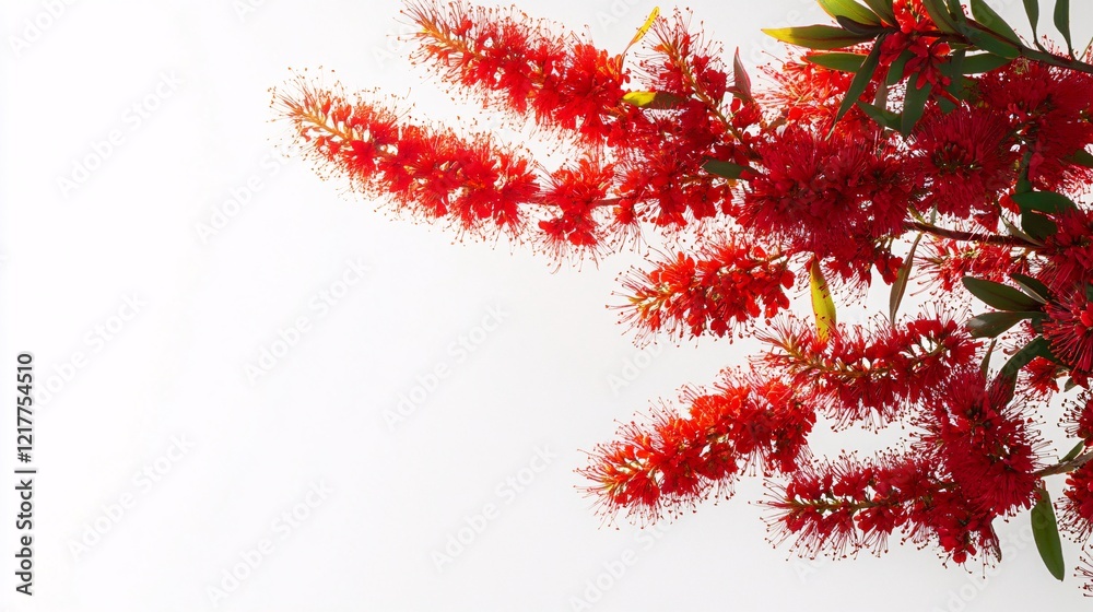 Vibrant red bottlebrush flowers against a clean white background, showcasing nature's beauty and color. Vibrant red bottlebrush flowers against a clean white background, showcasing nature's beauty and color.