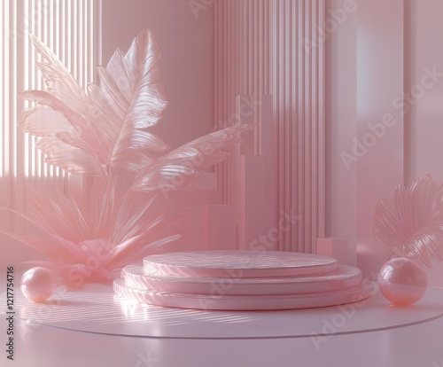 Monochromatic Soft Pink 3D Scene with Elegant Plant and Geometric Forms in Soft Light