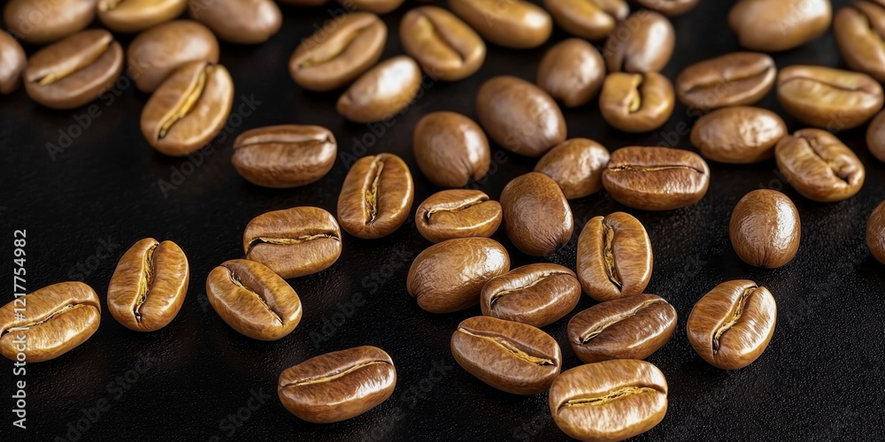 Naklejka premium Rich coffee beans on a black table, captured in deep realism, bringing every texture to life