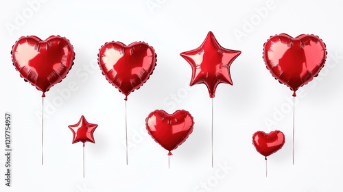 A high-resolution set of red colored round, star, and heart-shaped 3D birthday foil helium balloons flying, isolated on a transparent background with smooth, clean edges.