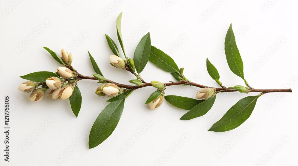 A close-up of a slender branch with delicate green leaves and soft, budding flowers on a clean white background. A close-up of a slender branch with delicate green leaves and soft, budding flowers on a clean white background.