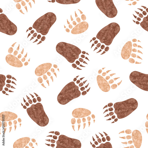 Cute bear footprints seamless pattern. Vector watercolor paws illustration
