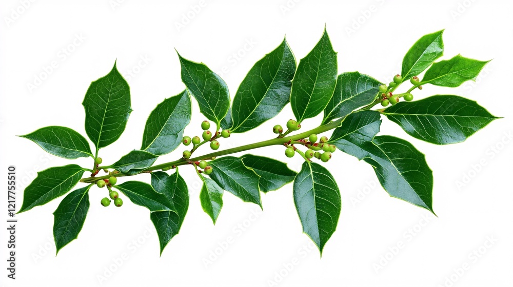 Fototapeta premium Lush green branch adorned with glossy leaves and immature berries against a clean white background.