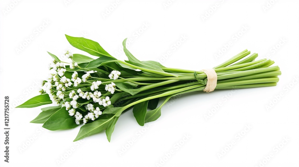 Fototapeta premium A fresh bouquet of lily of the valley flowers with vibrant green leaves, tied together with a natural twine.