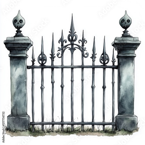 Gothic Fence with Skull Decorations on white background Drawing watercolor illustration art photo