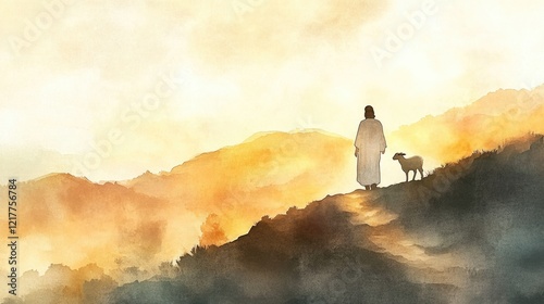 A symbolic illustration of Jesus and a lamb ascending a hill under a warm, heavenly glow.