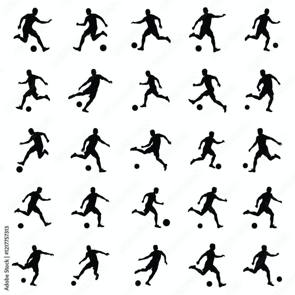 A set of vector silhouettes of soccer player kicking ball