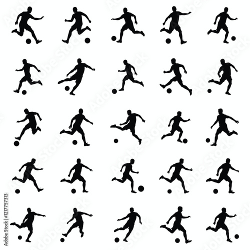 A set of vector silhouettes of soccer player kicking ball