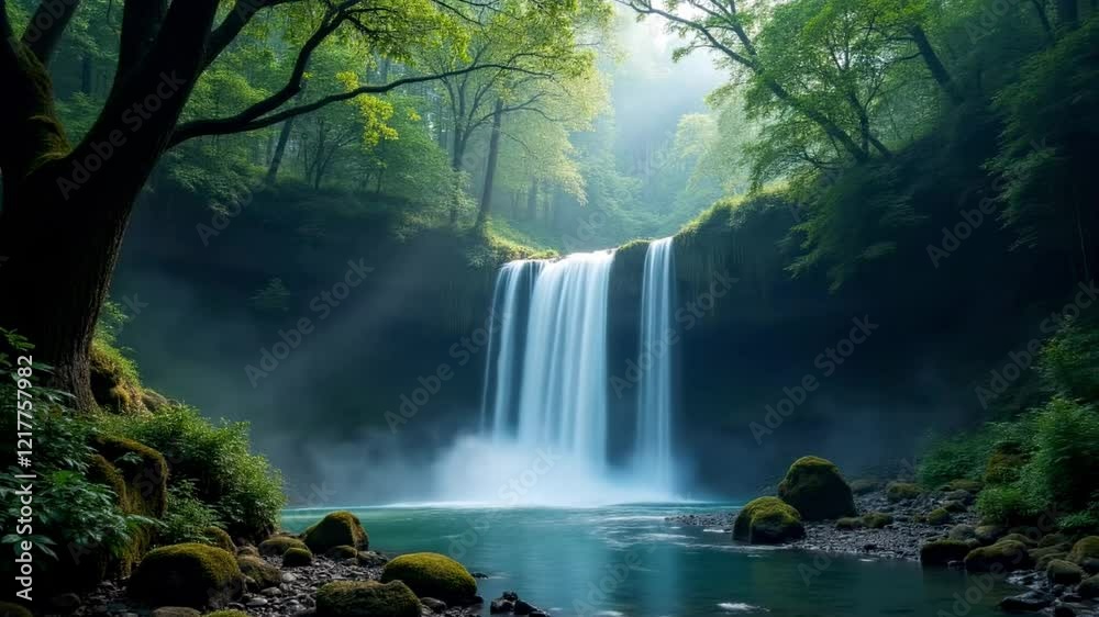 Serene Waterfall Cascading Through Lush Green Forest Serene Waterfall Cascading Through Lush Green Forest