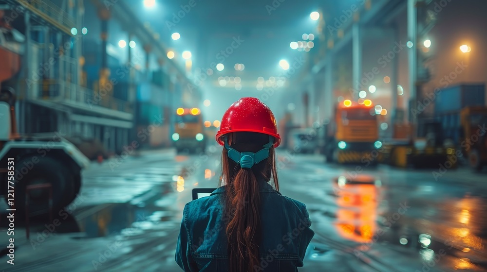 Fototapeta premium Worker in safety helmet analyzing data on tablet at dusk by busy cargo ship in shipping port